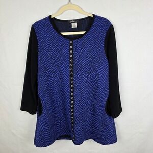 Yushi Blue Black Chevron Grommet Trim 3/4 Sleeve Pockets Tunic Top S 1952‎